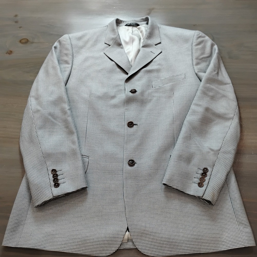 Leonardo Valenti Italy Blazer 44R Silk/Wool Blue & Ivory Houndstooth Carlando